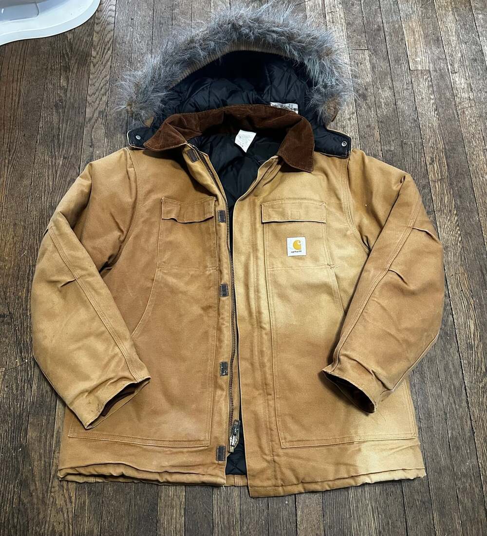 Vintage 90’s Carhartt Jacket CQ186 BRN w/Fur Trim Hood 968QH Mens 48 Quilt Lined